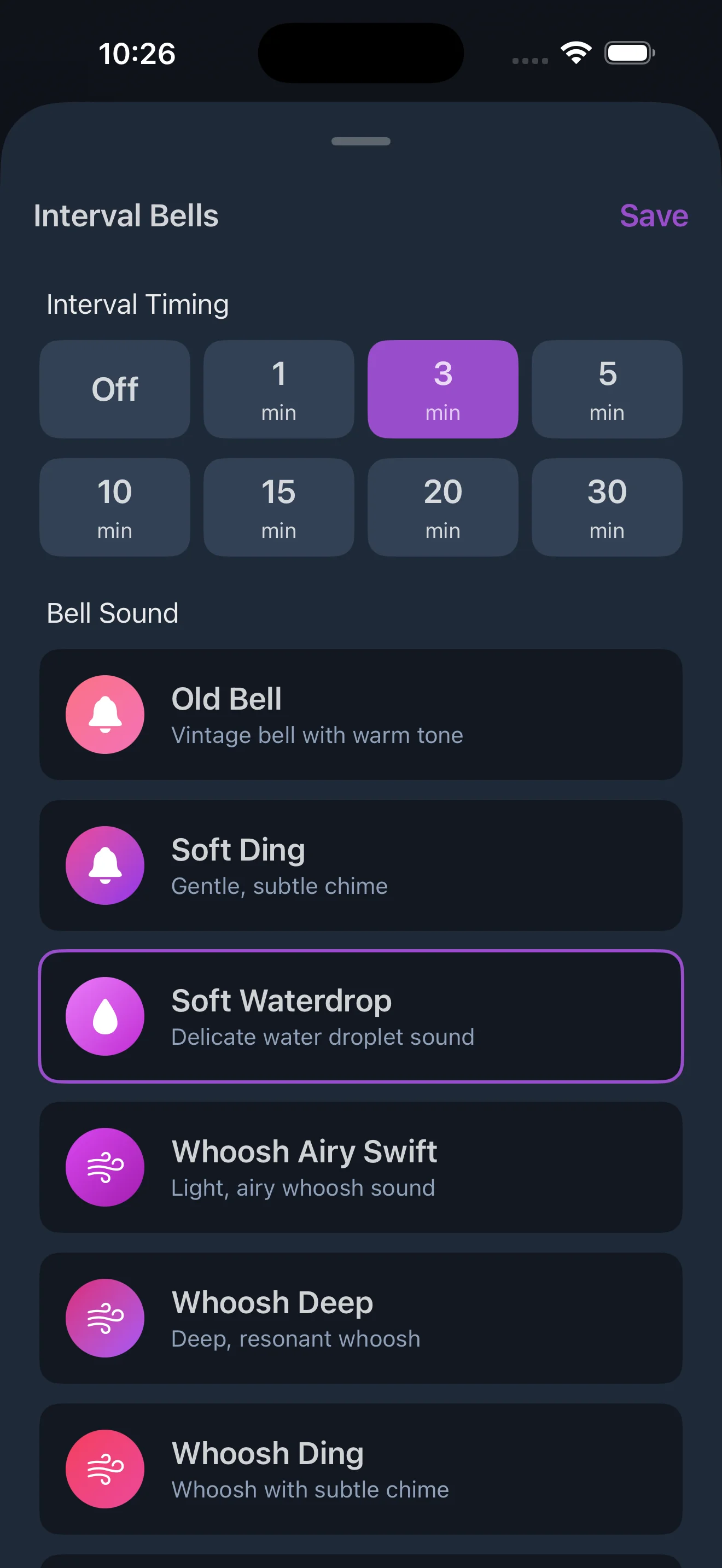 Meditation Stillness — Bell Sounds screen showing customizable start, interval, and end bell selection